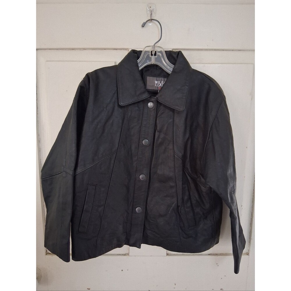 Wilsons Leather Kids Youth Black Leather Snap-Front Jacket Sz M Boys/Unisex